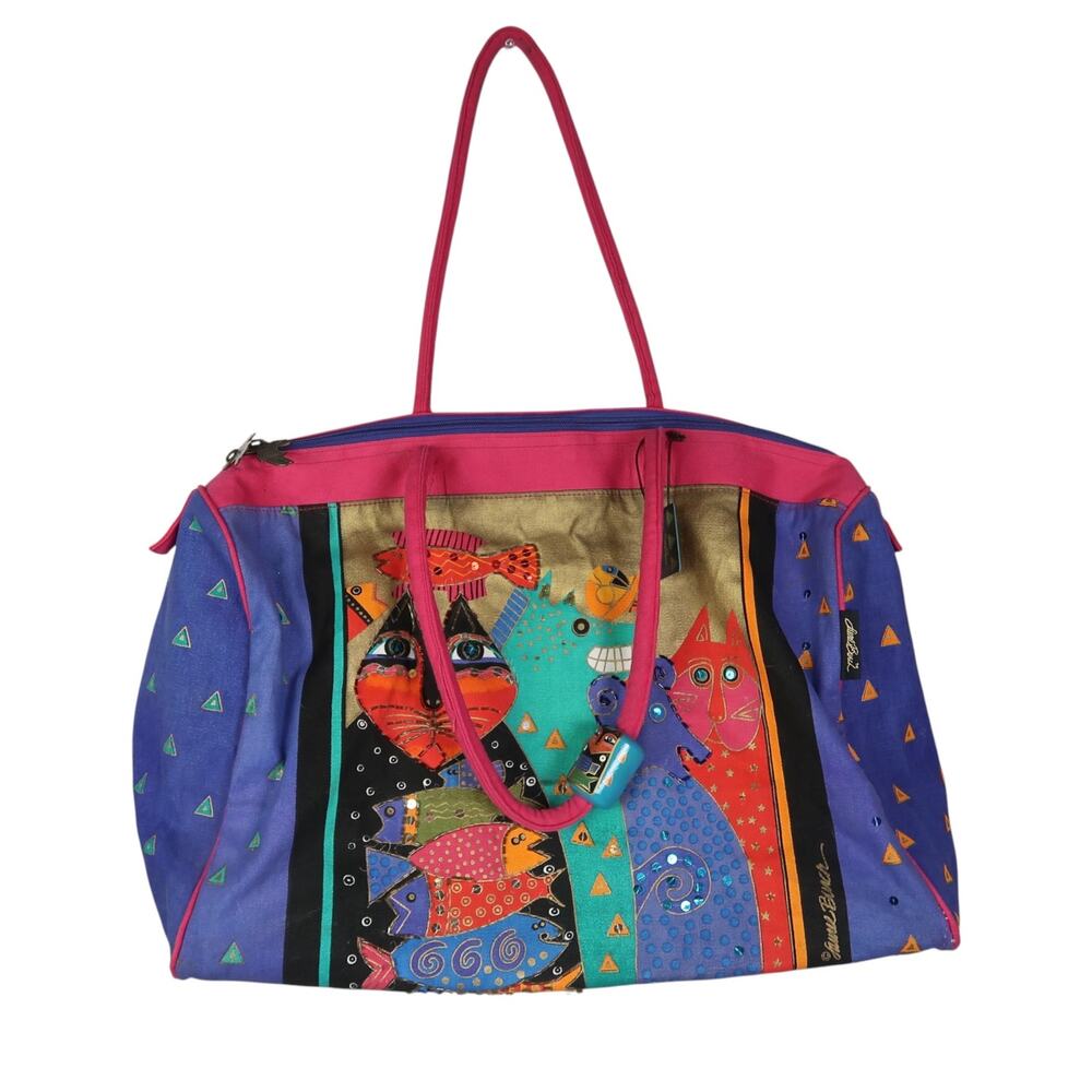 Vintage 90s Laurel Burch Purple Cat and Fish Duffle Weekender Bag Tote